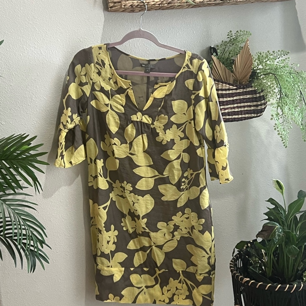 Gap Floral Butter Yellow and Taupe Dress Size 2